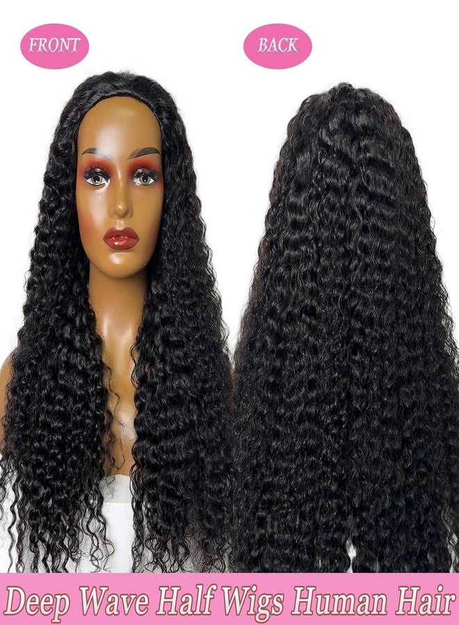 Lauberita Curly Half Wig Human Hair 180% Density Deep Wave Glueless Wigs Upgrade 3 In 1 Wigs Beginner Friendly Seamless Flip Over Drawstring Curly Wig Ready to Go Headband Wig Natural Black Color 14 Inch - Image 2